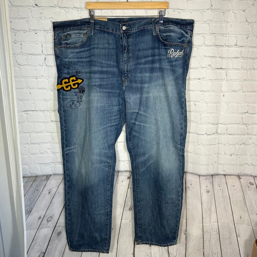 NEW Polo Ralph Lauren Varick Slim Straight Jeans Mens 48x32 Blue Graphic Patch